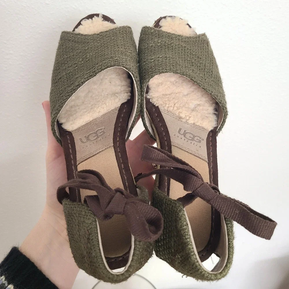 UGG Olive Green Sz 8 Espadrille 1652 Mar Wedge Sandals Resort‎ Boho Cottagecore